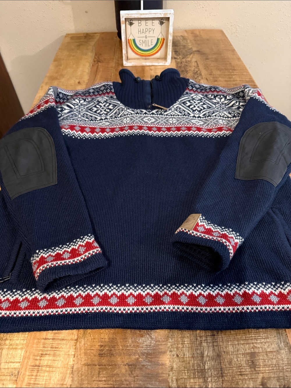 Men's Norwear Navy Fair Isle Zip Sweater with Elbow Patches
